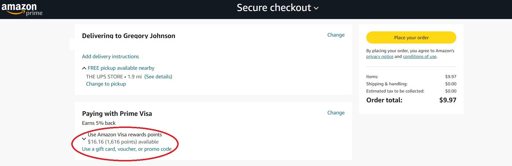 Screenshot of Amazon checkout page showing Amazon reward points