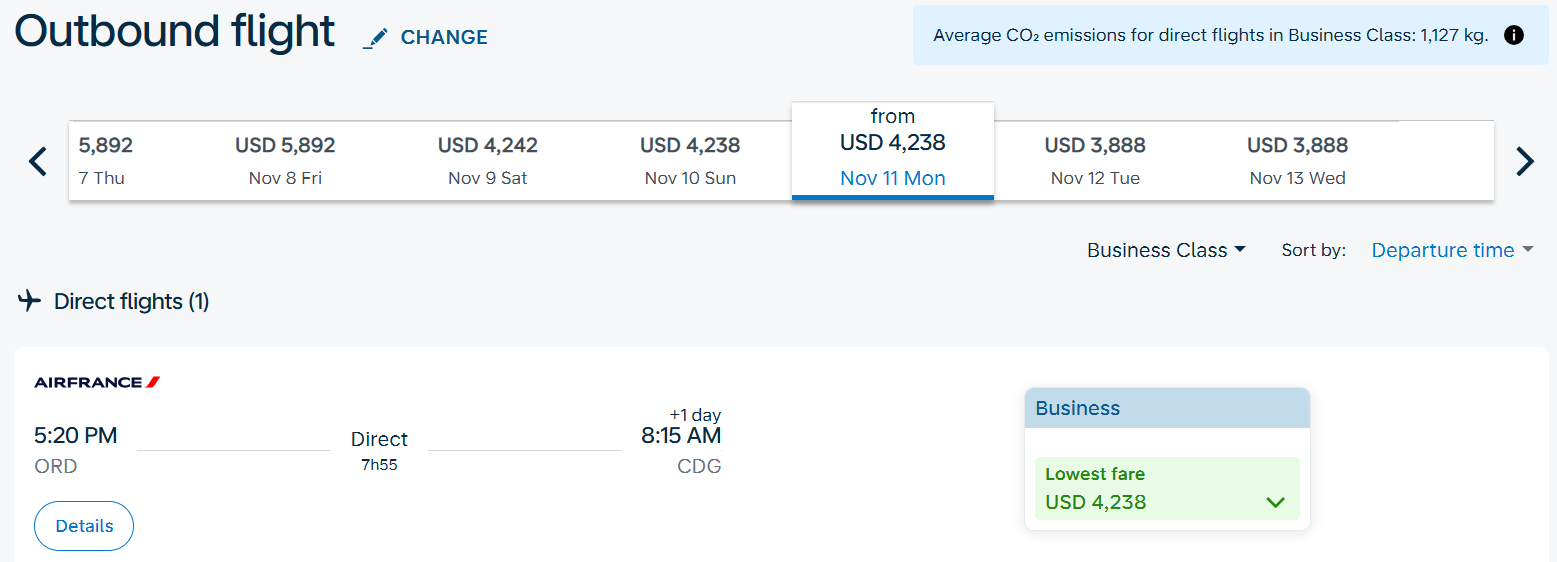 Cash price example of an Air France flight