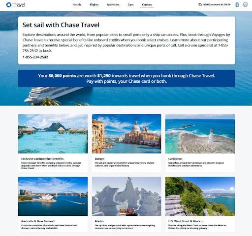 Screenshot showing cruise options form the Chase website