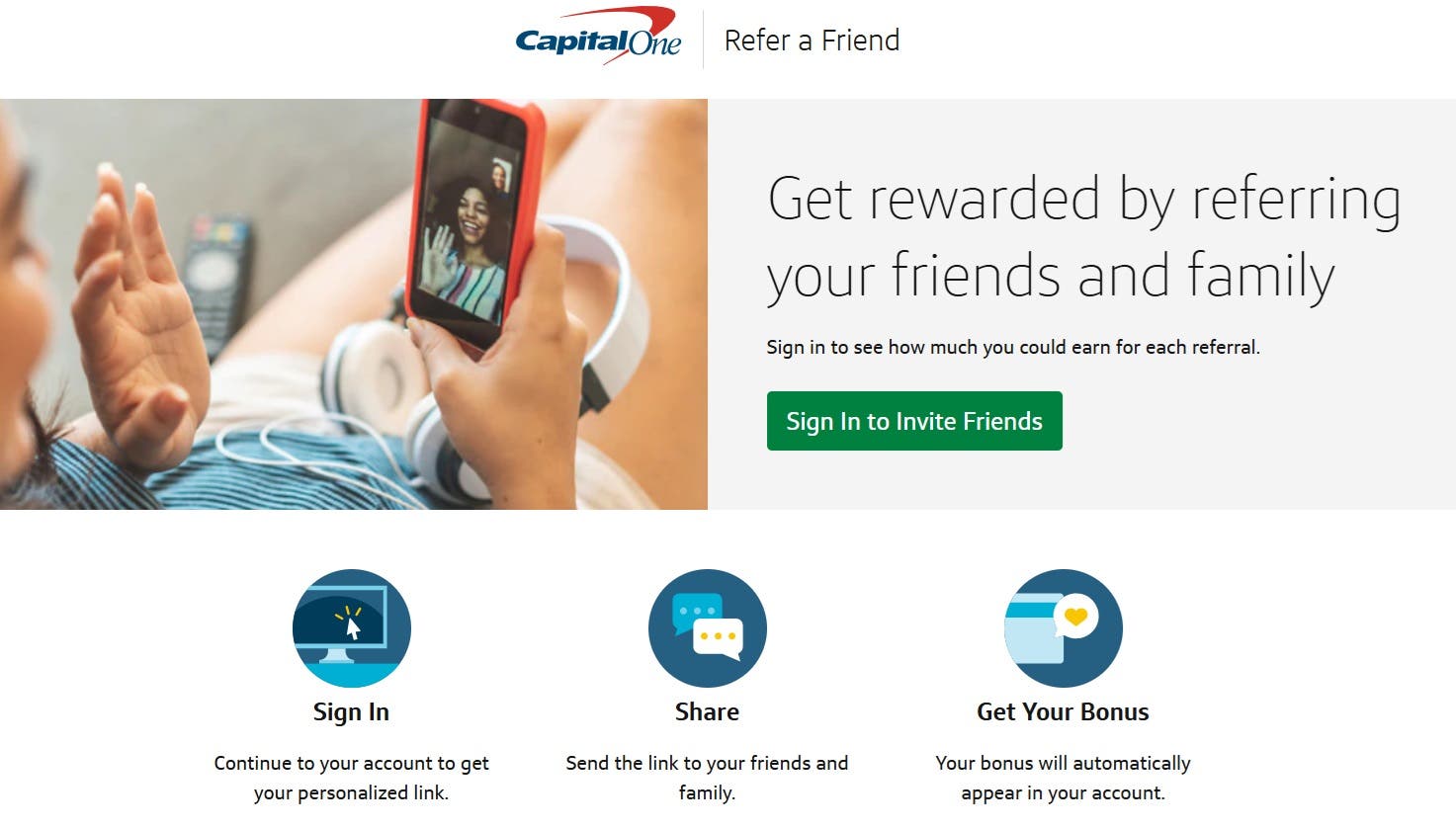 A screenshot of the home page for the Capital One Refer a Friend referral program