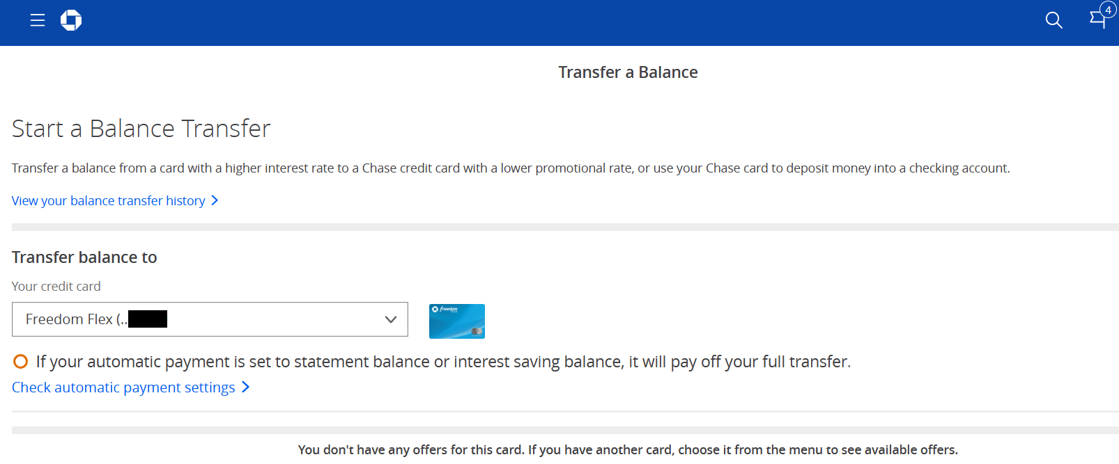 Screenshot showing where you can select a card to which you want to transfer a balance.